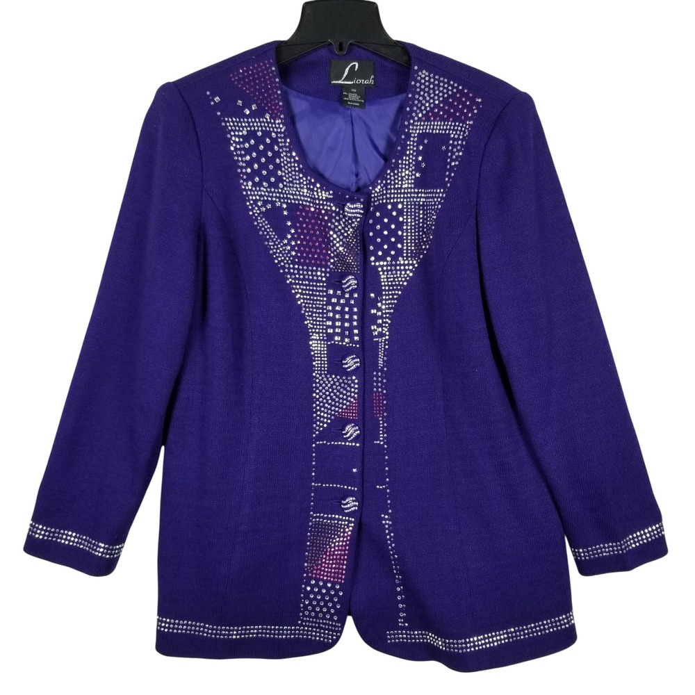 Liorah Knit Jacket Womens 14W Purple Rhinestone Embellished Wool Blend Evening